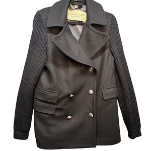Burberry Brit Women's Black Wool Pea Coat Medium M Mixed Media Knit Sleeve Rare